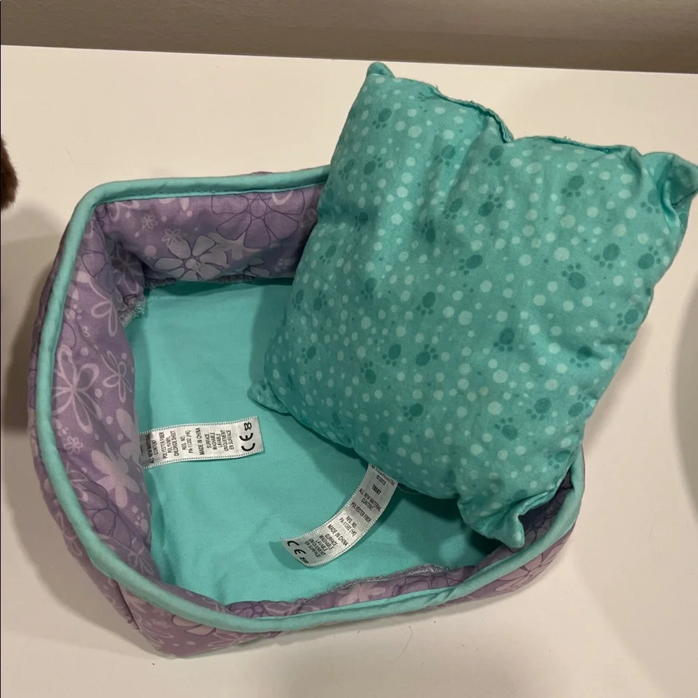 American Girl Brown Plush Dog with Teal and Purple Bed